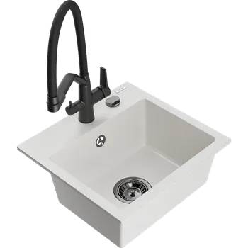 Granitový dřez Mexen Milo granitový kuchyňský dřez 1-komorový s kuchyňskou baterií Duo, bílý - 6505-20-671701-70-B Granitové dřezy s baterií