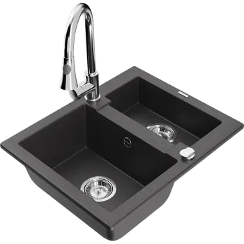 Granitový dřez Mexen Carlos granitový dřez 1,5 komorový s kuchyňskou baterií Elia, černý skvrnitý - 6518-76-670101-00 Granitové dřezy s baterií