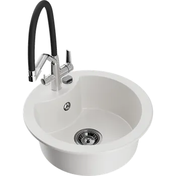 Granitový dřez Mexen Diego granitový dřez s 1 komorou a kuchyňskou baterií Duo, bílý - 6512-20-671701-07-B Granitové dřezy s baterií