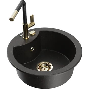 Granitový dřez Mexen Diego žulový dřez s 1 komorou a kuchyňskou baterií Flora, černý/zlatý metalik - 6512-75-670401-57-G Granitové dřezy s baterií
