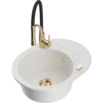 Granitový dřez Mexen Kevin granitový dřez s odkapávačem a kuchyňskou baterií Aster, bílý - 6517-20-73450-57-G Granitové dřezy s baterií