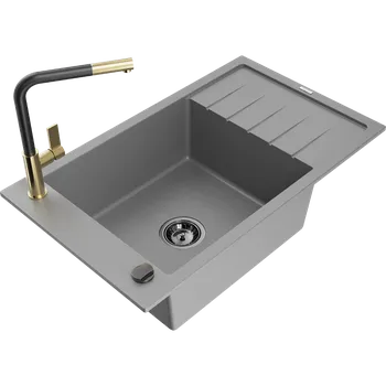 Granitový dřez Mexen Elias granitový dřez 1-komorový s odkapávačem a kuchyňskou baterií Flora, šedý - 6511-71-670401-57-B Granitové dřezy s baterií