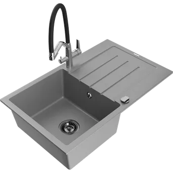 Granitový dřez Mexen Bruno granitový dřez 1-komorový s odkapávačem a kuchyňskou baterií Duo, šedý - 6513-71-671701-07-B Granitové dřezy s baterií