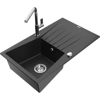 Granitový dřez Mexen Cesar granitový dřez 1-komorový s odkapávačem a kuchyňskou baterií Flora, černý/stříbrný metalik - 6514-73-670401-00 Granitové dřezy s baterií