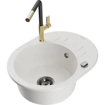 Granitový dřez Mexen Kevin granitový dřez s jednou komorou a odkapávačem a kuchyňskou baterií Flora, bílý - 6517-20-670401-57-B Granitové dřezy s baterií