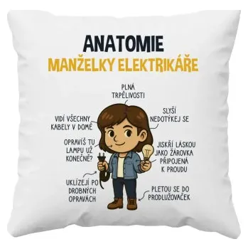 Žertovný předmět Anatomie manželky elektrikáře - polštář s potiskem- Tričkový.cz