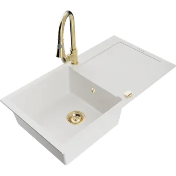 Granitový dřez Mexen Leo granitový dřez 1-komorový s odkapávačem a kuchyňskou baterií Elia, bílý - 6501-20-670101-50 Granitové dřezy s baterií