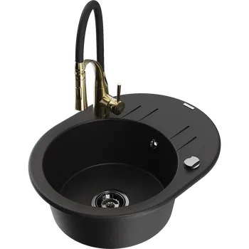 Granitový dřez Mexen Kevin granitový dřez 1-komorový s odkapávačem a kuchyňskou baterií Aster, černý - 6517-77-73450-57-B Granitové dřezy s baterií