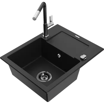 Granitový dřez Mexen Enzo granitový dřez 1-komorový s odkapávačem a kuchyňskou baterií Flora, černý - 6506-77-670401-07-B Granitové dřezy s baterií