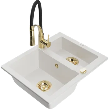 Granitový dřez Mexen Carlos žulový dřez 1,5-komorový s kuchyňskou baterií Aster, bílý - 6518-20-73450-57-G Granitové dřezy s baterií