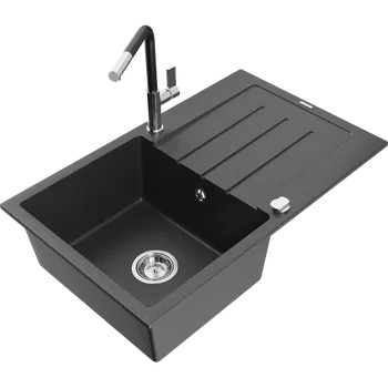 Granitový dřez Mexen Bruno granitový dřez 1-komorový s odkapávačem a kuchyňskou baterií Flora, černý nakrapovaný - 6513-76-670401-07 Granitové dřezy s baterií
