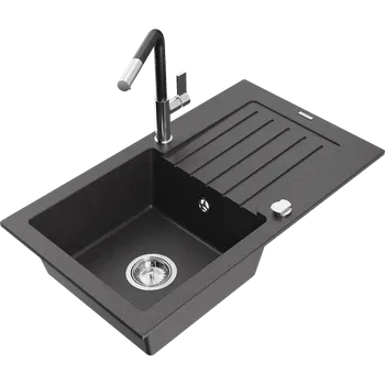 Granitový dřez Mexen Pablo granitový jednodřez s odkapem a kuchyňskou baterií Flora, černý kropenatý - 6510-76-670401-07 Granitové dřezy s baterií