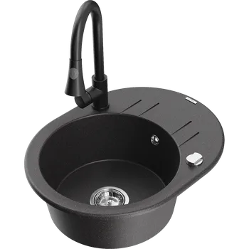 Granitový dřez Mexen Kevin granitový dřez 1-komorový s odkapávačem a kuchyňskou baterií Elia, černý skvrnitý - 6517-76-670101-70 Granitové dřezy s baterií