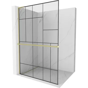 Mexen Kioto+ L sprchová stěna s poličkou Walk-in 100 x 200 cm, černý vzor, zlatá kartáčovaná - 800-100-123-55-78 Sprchové stěny