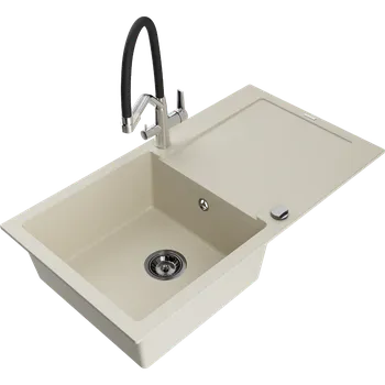 Granitový dřez Mexen Leo granitový dřez jednodřez s odkapávačem a kuchyňskou baterií Duo, béžový - 6501-69-671701-07-B Granitové dřezy s baterií