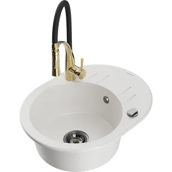 Granitový dřez Mexen Kevin granitový dřez 1-komorový s odkapávačem a kuchyňskou baterií Aster, bílý - 6517-20-73450-57-B Granitové dřezy s baterií