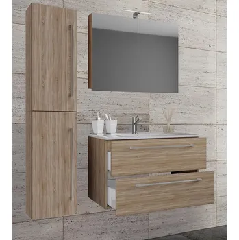 Koupelnový nábytek Vcm 4dílná umyvadlová skříňka Badinos 2 zásuvky 60 cm zrcadlová skříňka + vysoká skříňka, dub Sonoma