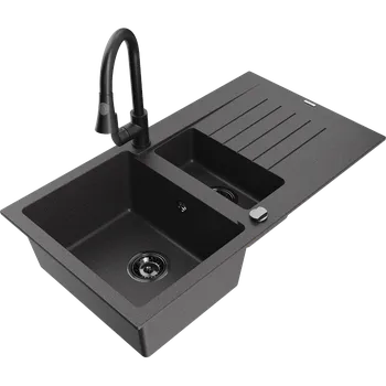 Granitový dřez Mexen Matias granitový dřez 1,5-komorový s odkapávačem a kuchyňskou baterií Elia, černý kropenatý - 6502-76-670101-70-B Granitové dřezy s baterií