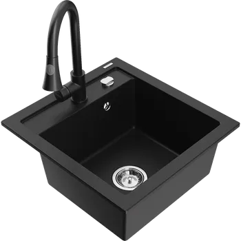 Granitový dřez Mexen Vito granitový dřez 1-komorový s kuchyňskou baterií Elia, černý - 6503-77-670101-70 Granitové dřezy s baterií
