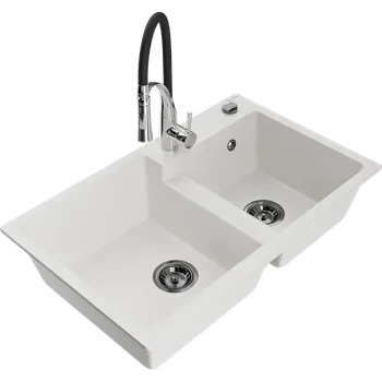 Granitový dřez Mexen Tomas granitový dřez dvoukomorový s kuchyňskou baterií Aster, bílý - 6516-20-73450-07-B Granitové dřezy s baterií