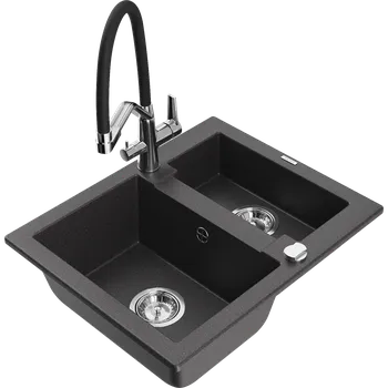 Granitový dřez Mexen Carlos granitový dřez 1,5-komorový s kuchyňskou baterií Duo, černý s tečkami - 6518-76-671701-07 Granitové dřezy s baterií