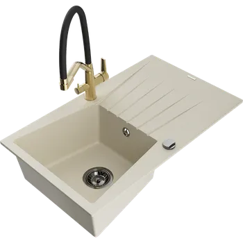 Granitový dřez Mexen Cesar granitový dřez 1-komorový s odkapávačem a kuchyňskou baterií Duo, béžový - 6514-69-671701-57-B Granitové dřezy s baterií