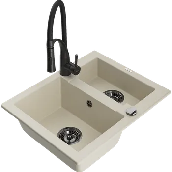 Granitový dřez Mexen Carlos žulový dřez 1,5-komorový s kuchyňskou baterií Aster, béžový - 6518-69-73450-70-B Granitové dřezy s baterií