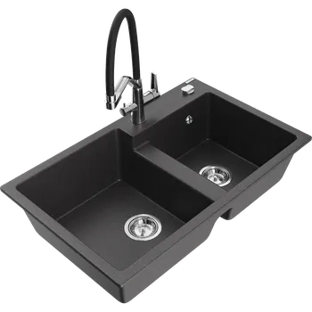 Granitový dřez Mexen Tomas dřez granitový 2-komorový s kuchyňskou baterií Duo, černý nakrapený - 6516-76-671701-07 Granitové dřezy s baterií