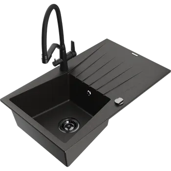 Granitový dřez Mexen Cesar granitový jednodřez s odkapávačem a kuchyňskou baterií Duo, černý/zlatý metalický - 6514-75-671701-70-B Granitové dřezy s baterií