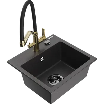 Granitový dřez Mexen Milo granitový dřez s 1 komorou s kuchyňskou baterií Duo, černý s puntíky - 6505-76-671701-57-B Granitové dřezy s baterií