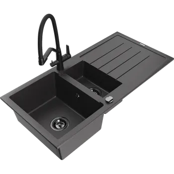 Granitový dřez Mexen Andres žulový dřez 1,5-komorový s odkapávačem a kuchyňskou baterií Duo, černý tečkovaný - 6515-76-671701-70-B Granitové dřezy s baterií