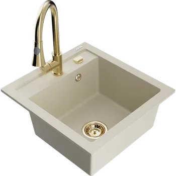 Granitový dřez Mexen Vito granitový dřez 1-komorový s kuchyňskou baterií Elia, béžový - 6503-69-670101-50 Granitové dřezy s baterií