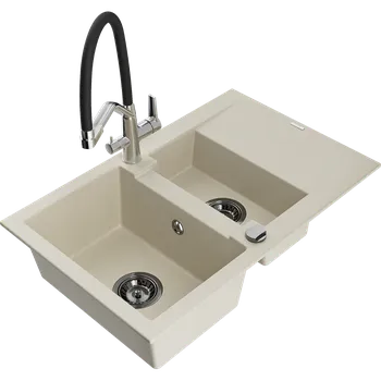 Granitový dřez Mexen Gaspar granitový dřez 1,5-komorový s odkapávačem a kuchyňskou baterií Duo, béžový - 6507-69-671701-07-B Granitové dřezy s baterií