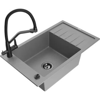 Mexen Elias granitový dřez 1-komorový s odkapávačem a kuchyňskou baterií Duo, šedý - 6511-71-671701-70-B Granitové dřezy s baterií