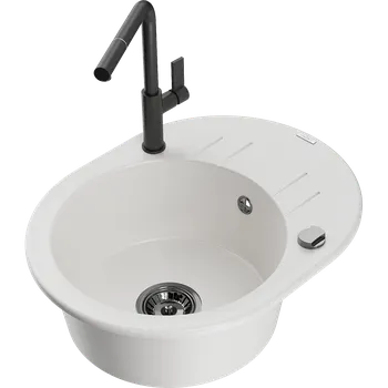 Granitový dřez Mexen Kevin granitový dřez s 1 komorou, odkapávačem a kuchyňskou baterií Flora, bílý - 6517-20-670401-70-B Granitové dřezy s baterií