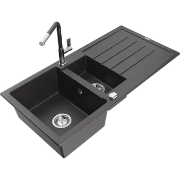 Granitový dřez Mexen Andres granitový dřez 1,5-komorový s odkapávačem a kuchyňskou baterií Flora, černý skvrnitý - 6515-76-670401-08 Granitové dřezy s baterií