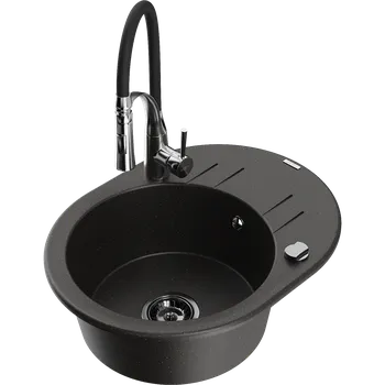 Granitový dřez Mexen Kevin žulový dřez 1-komorový s odkapávačem a kuchyňskou baterií Aster, černý/zlatý metalik - 6517-75-73450-07-B Granitové dřezy s baterií