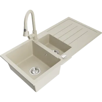 Granitový dřez Mexen Andres žulový dřez s 1,5 komorami, odkapávačem a kuchyňskou baterií Elia, béžový - 6515-69-670101-69 Granitové dřezy s baterií