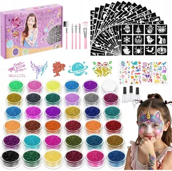 Tetování TŘPYTIVÉ TETOVÁNÍ MNOHO ŠABLON + 36 BAREV SADA DÁREK PRO DĚTI