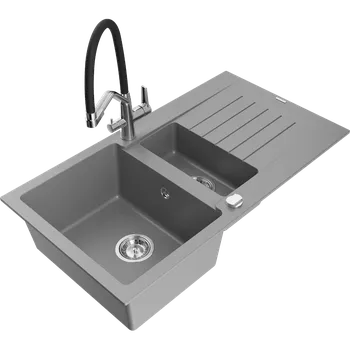 Granitový dřez Mexen Matias dřez granitový 1,5-komorový s odkapávačem a kuchyňskou baterií Duo, šedý - 6502-71-671701-07 Granitové dřezy s baterií