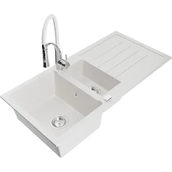 Granitový dřez Mexen Andres granitový dřez 1,5-komorový s odkapávačem a kuchyňskou baterií Aster, bílý - 6515-20-73450-02 Granitové dřezy s baterií