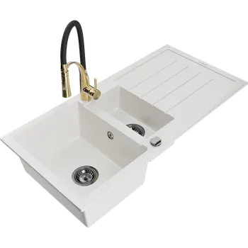 Granitový dřez Mexen Andres granitový dřez 1,5-komorový s odkapávačem a kuchyňskou baterií Aster, bílý - 6515-20-73450-57-B Granitové dřezy s baterií