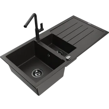 Granitový dřez Mexen Andres granitový dřez 1,5-komorový s odkapávačem a kuchyňskou baterií Flora, černý/zlatý - 6515-75-670401-70-B Granitové dřezy s baterií