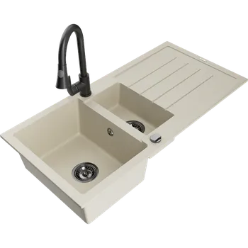Granitový dřez Mexen Andres granitový dřez 1,5-komorový s odkapávačem a kuchyňským kohoutkem Elia, béžový - 6515-69-670101-70 Granitové dřezy s baterií