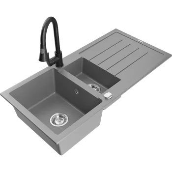 Granitový dřez Mexen Andres granitový dřez 1,5-komorový s odkapávačem a kuchyňskou baterií Elia, šedý - 6515-71-670101-70 Granitové dřezy s baterií