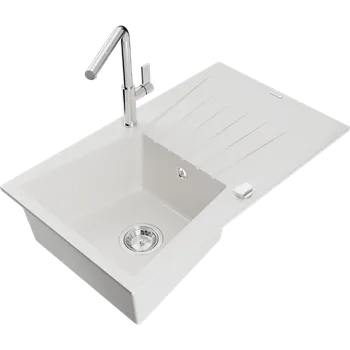 Granitový dřez Mexen Cesar granitový dřez 1-komorový s odkapávačem a kuchyňskou baterií Flora, bílý - 6514-20-670401-00 Granitové dřezy s baterií