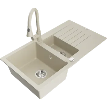 Granitový dřez Mexen Matias žulový dřez 1,5-komorový s odkapávačem a kuchyňskou baterií Elia, béžový - 6502-69-670101-69 Granitové dřezy s baterií