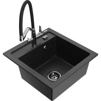 Granitový dřez Mexen Vito granitový dřez s 1 komorou a kuchyňskou baterií Duo, černý/stříbrný metalik - 6503-73-671701-07-B Granitové dřezy s baterií