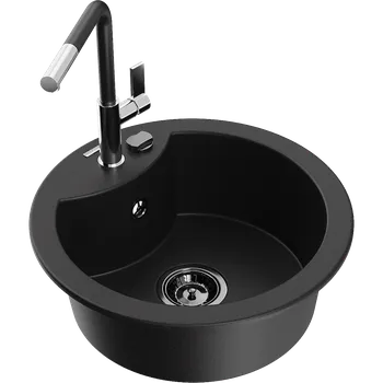 Granitový dřez Mexen Diego granitový dřez 1-komorový s kuchyňskou baterií Flora, černý - 6512-77-670401-07-B Granitové dřezy s baterií