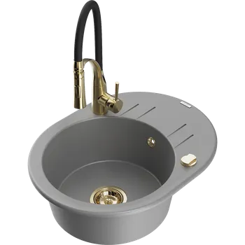 Granitový dřez Mexen Kevin granitový dřez 1-komorový s odkapávačem a kuchyňskou baterií Aster, šedý - 6517-71-73450-57-G Granitové dřezy s baterií